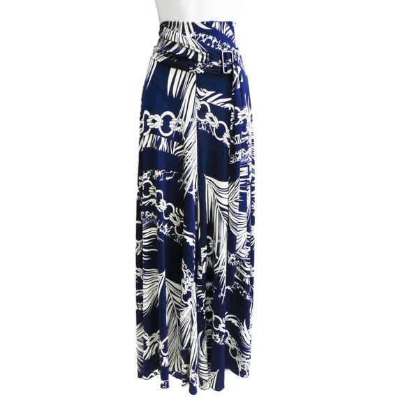 Resort Wear Navy Palazzo Pants NEW High Waist Ruched Tie Buckle Flare White L - Picture 7 of 11